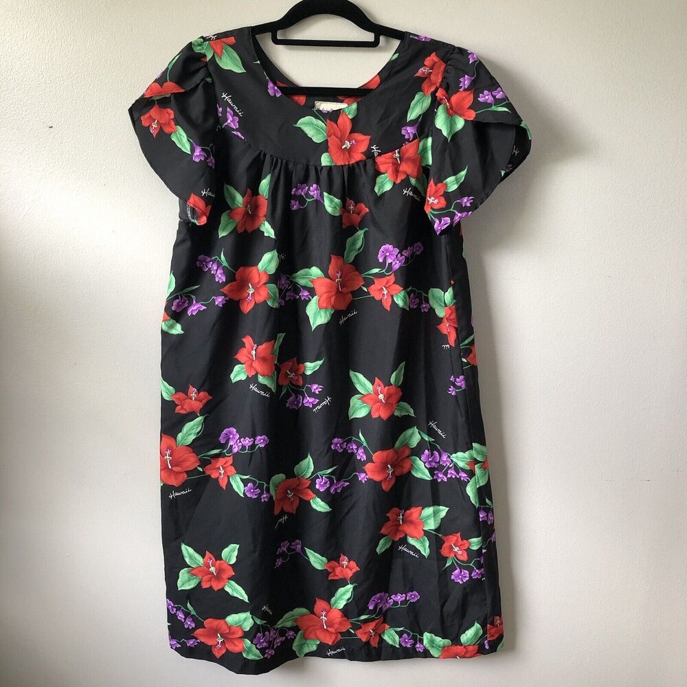 Vintage Hawaiian Dress Small Oversized Black Floral Mumu Tropical Hibiscus Beach